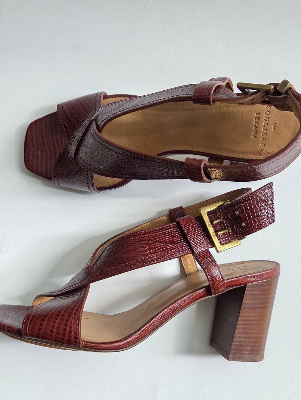 Sézane | Sacha Burgundy Croc-Embossed Leather Block Heel Sandals - Picture 11 of 15